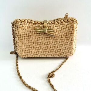 Vintage Rattan Wicker Woven Straw Evening Box Bag Clutch Crossbody Coastal Purse